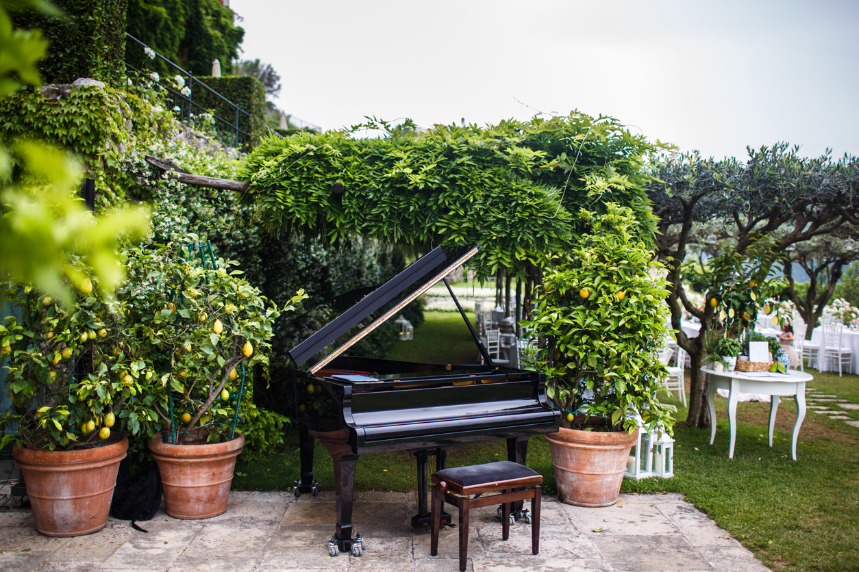 Black piano in the garden among the trees.