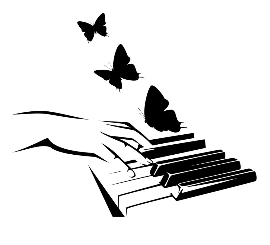 elegant pianist hand with piano keys and flying butterflies - classical music melody black and white vector outline concept design